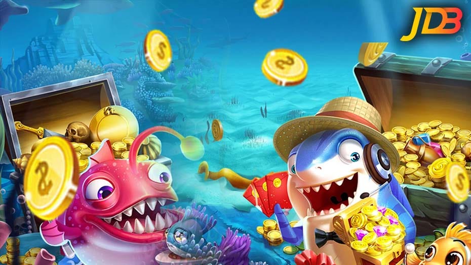 ฉากเกมยิงปลาที่มีปืนใหญ่และสัตว์น้ำหลายชนิด